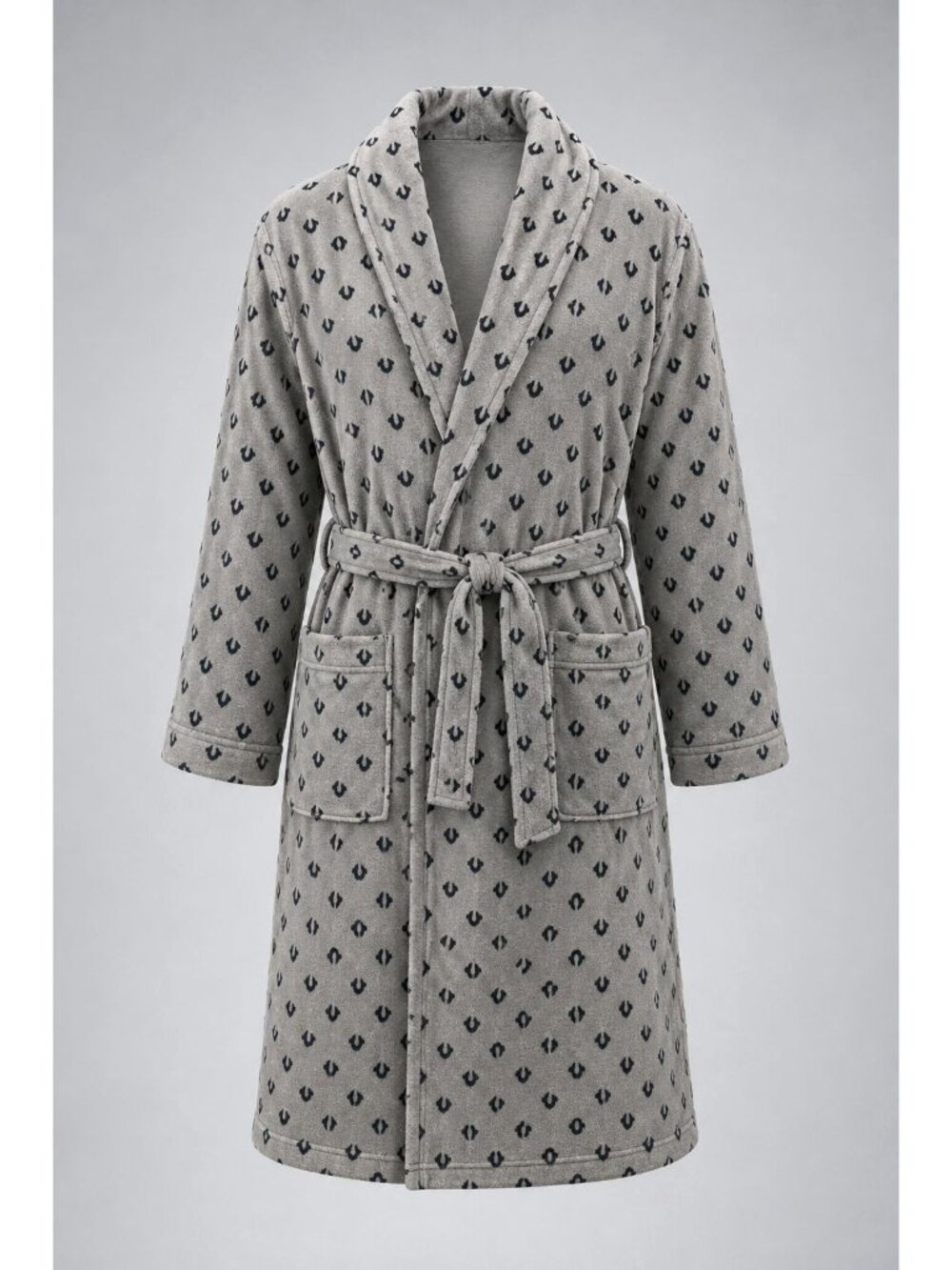 True Religion Mens Large Robe Gray Plush Sleepwear Hooded Bathrobe - NEW